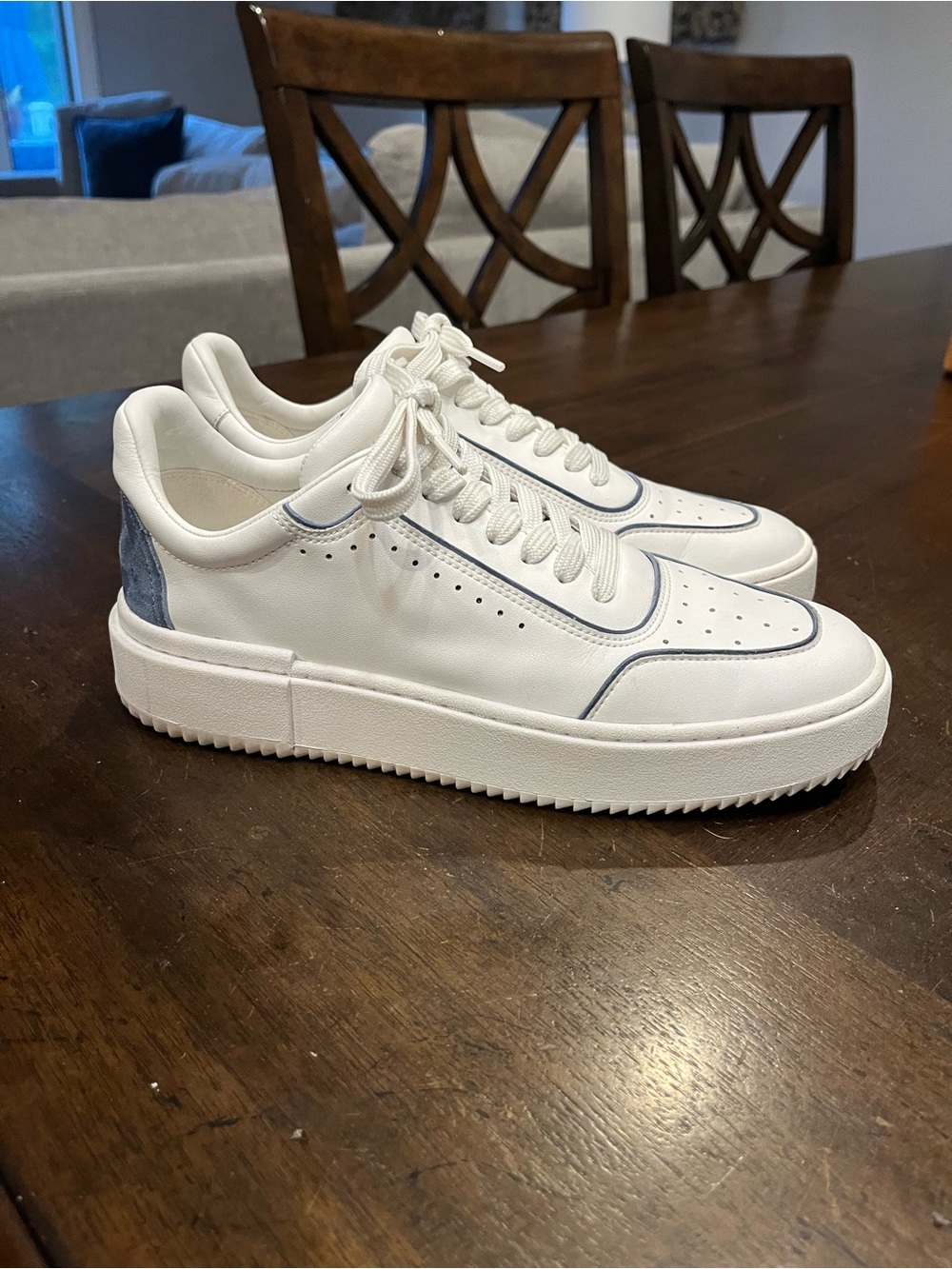Stuart Weitzman White Leather Sneakers with Blue Heel Accent